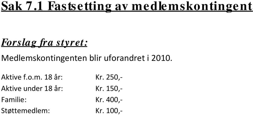 styret: Medlemskontingenten blir uforandret i 2010.