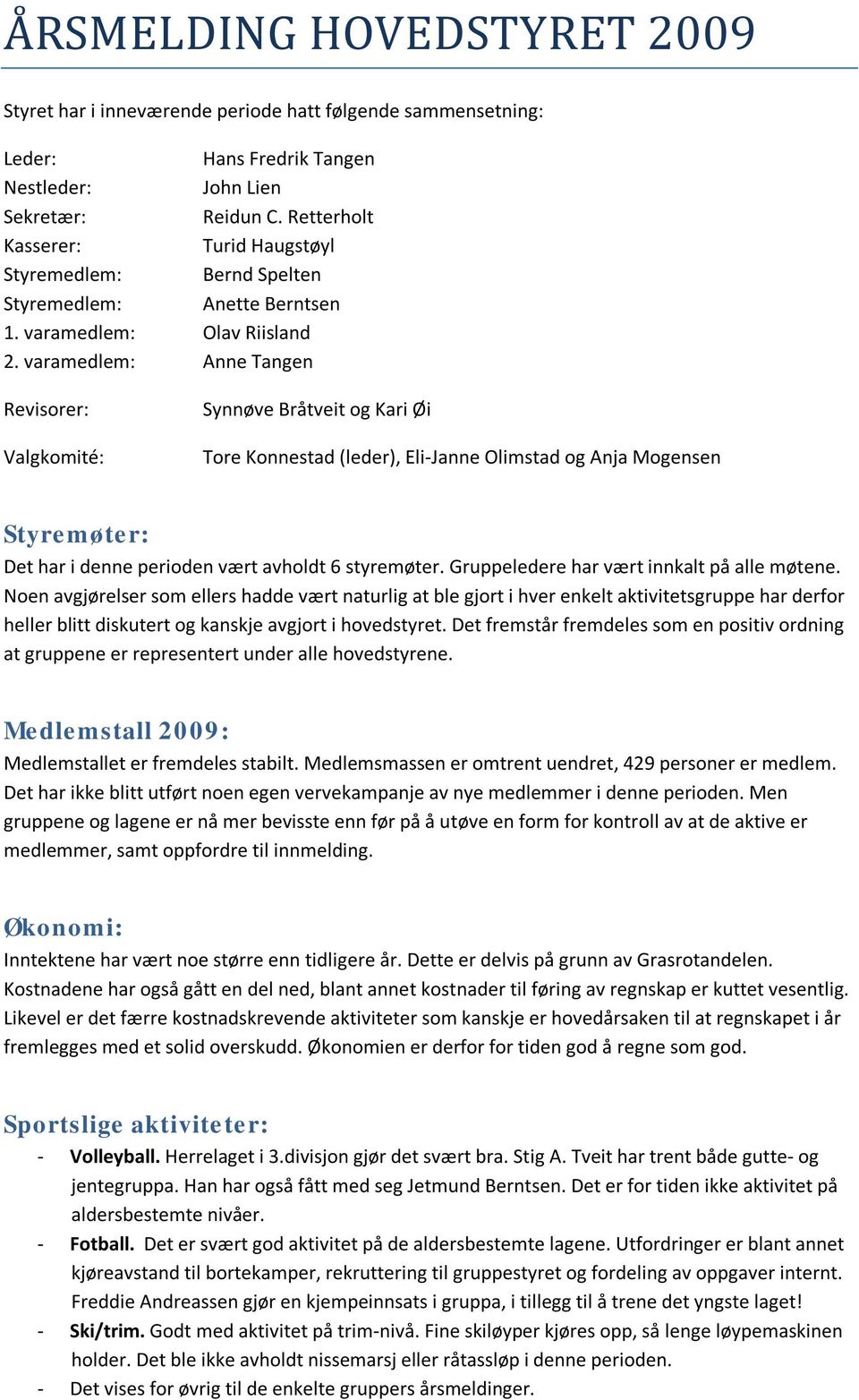 varamedlem: Anne Tangen Revisorer: Valgkomité: Synnøve Bråtveit og Kari Øi Tore Konnestad (leder), Eli-Janne Olimstad og Anja Mogensen Styremøter: Det har i denne perioden vært avholdt 6 styremøter.