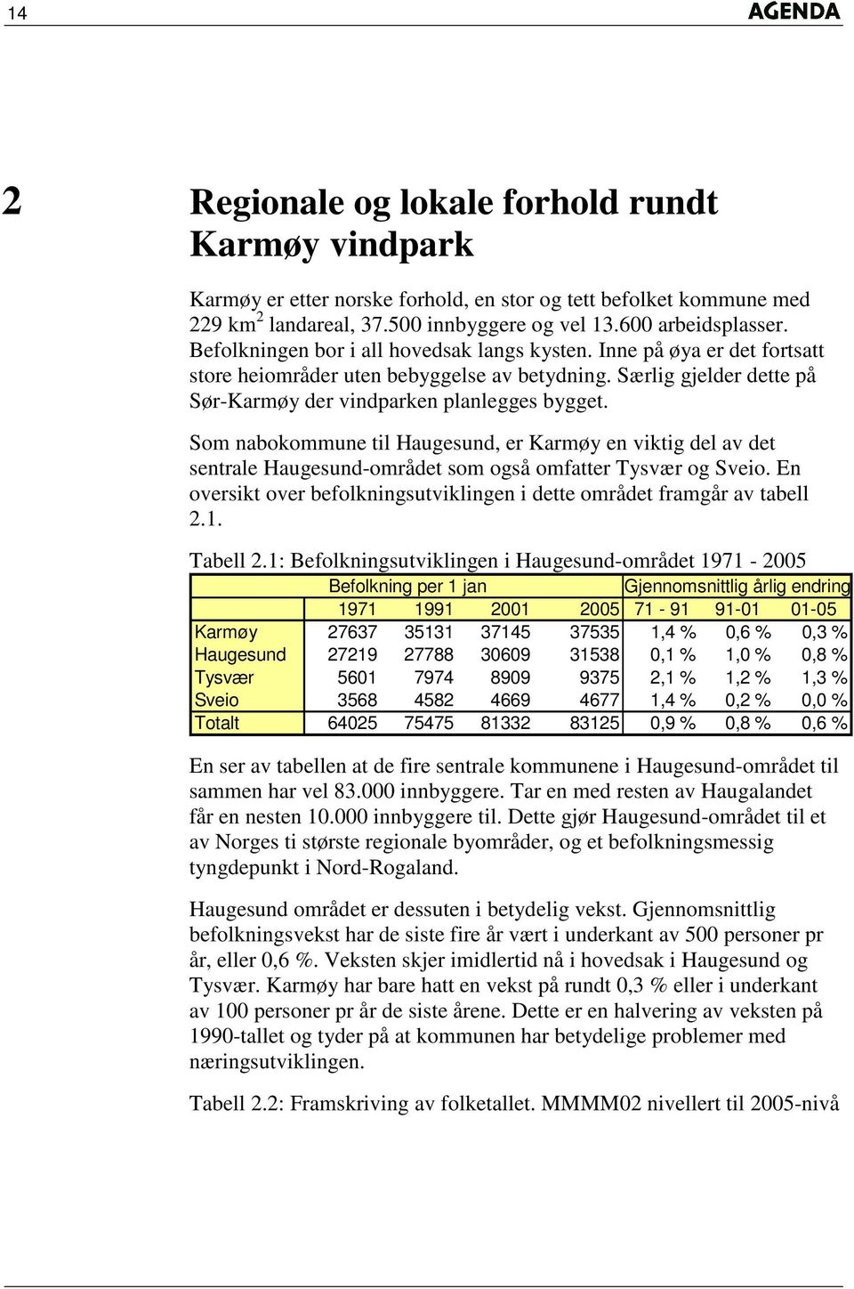 Som nabokommune til Haugesund, er Karmøy en viktig del av det sentrale Haugesund-området som også omfatter Tysvær og Sveio. En oversikt over befolkningsutviklingen i dette området framgår av tabell 2.