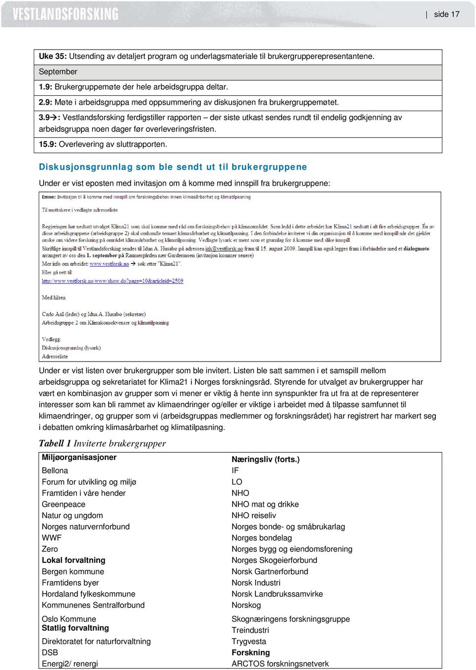 9 : Vestlandsforsking ferdigstiller rapporten der siste utkast sendes rundt til endelig godkjenning av arbeidsgruppa noen dager før overleveringsfristen. 15.9: Overlevering av sluttrapporten.