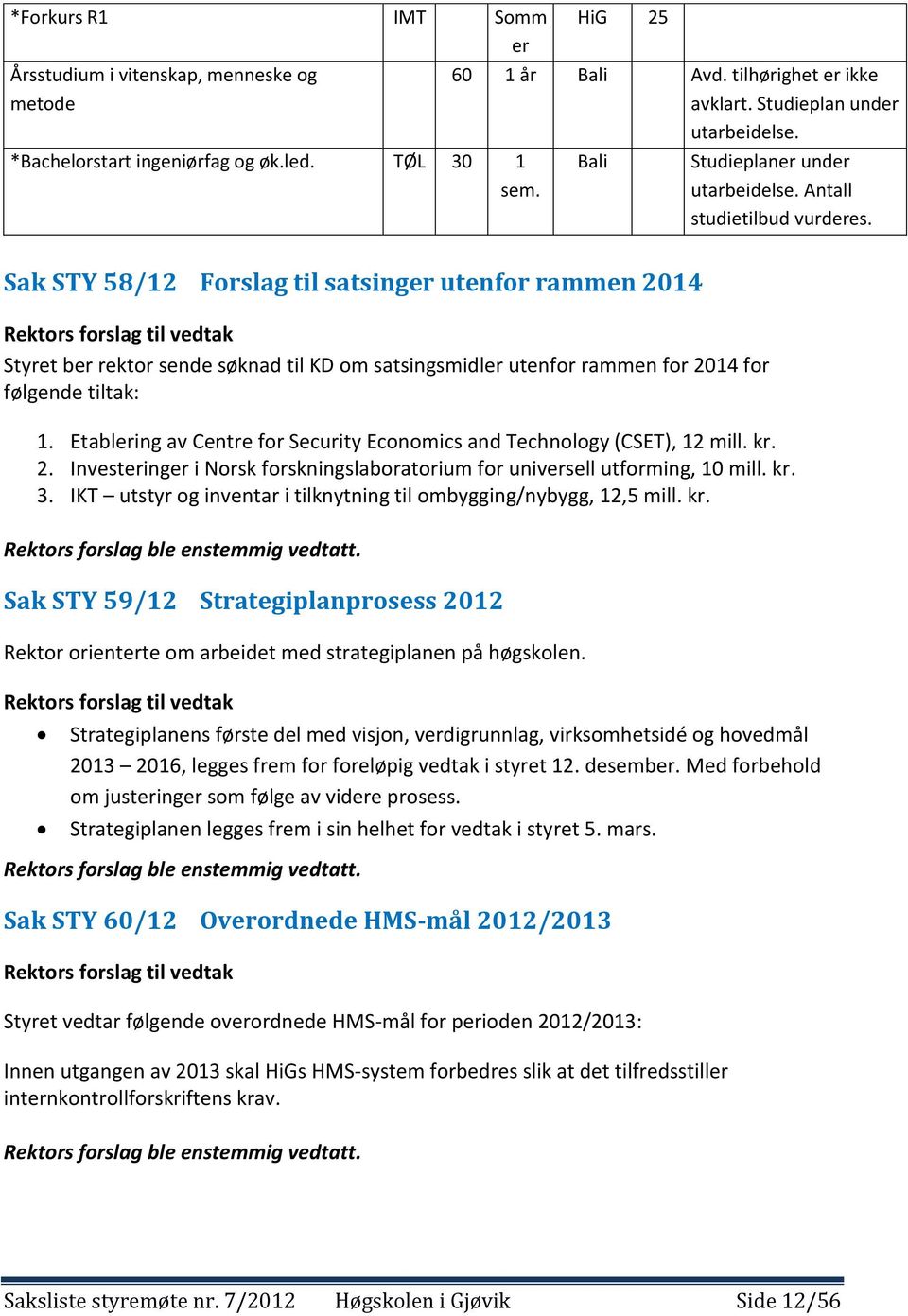 Sak STY 58/12 Forslag til satsinger utenfor rammen 2014 Rektors forslag til vedtak Styret ber rektor sende søknad til KD om satsingsmidler utenfor rammen for 2014 for følgende tiltak: 1.