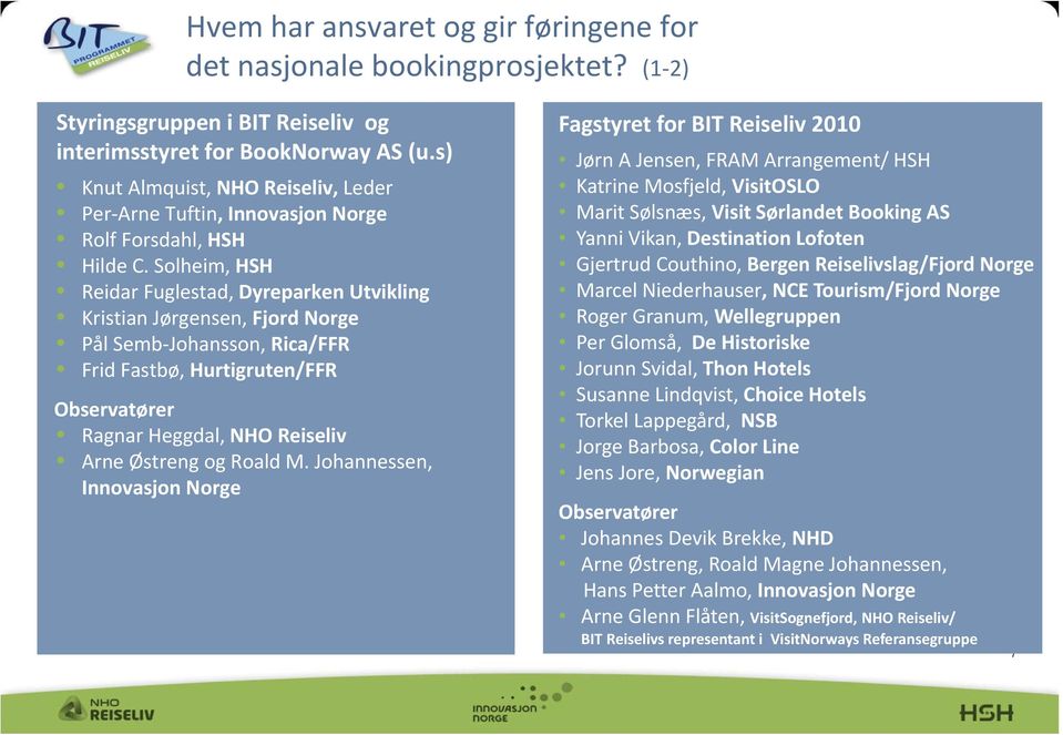 Solheim, HSH Reidar Fuglestad, Dyreparken Utvikling Kristian Jørgensen, Fjord Norge Pål Semb Johansson, Rica/FFR Frid Fastbø, Hurtigruten/FFR Observatører Ragnar Heggdal, NHO Reiseliv Arne Østreng og