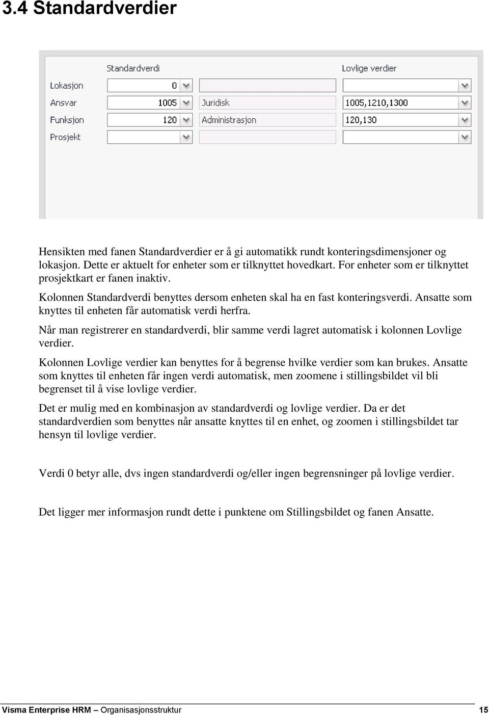 Ansatte som knyttes til enheten får automatisk verdi herfra. Når man registrerer en standardverdi, blir samme verdi lagret automatisk i kolonnen Lovlige verdier.