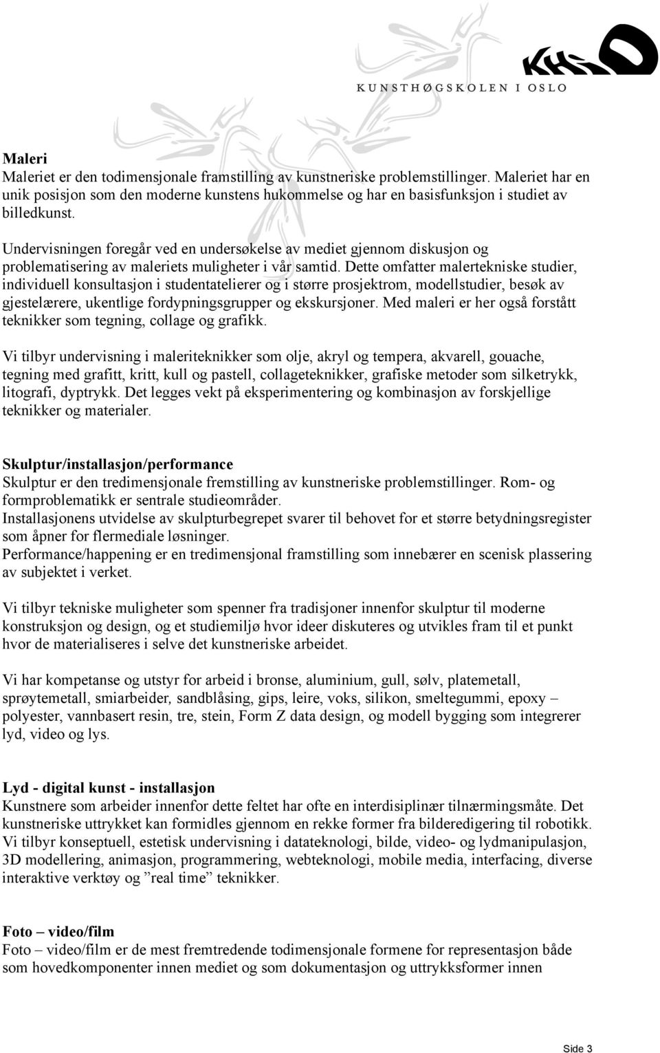 Undervisningen foregår ved en undersøkelse av mediet gjennom diskusjon og problematisering av maleriets muligheter i vår samtid.