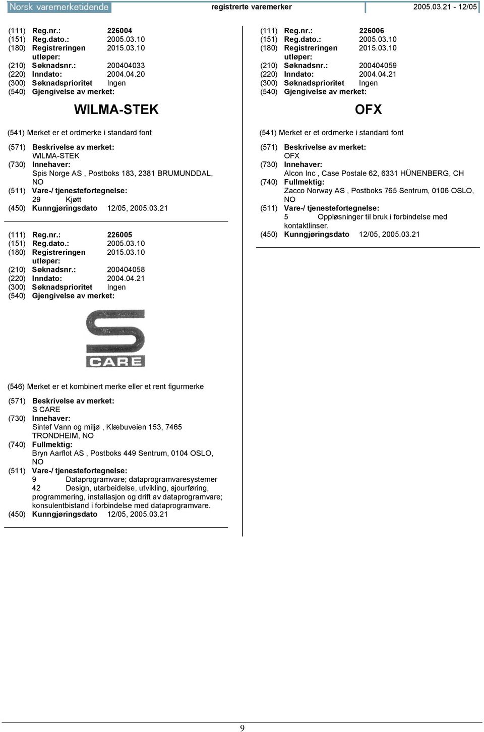 04.21 OFX OFX Alcon Inc, Case Postale 62, 6331 HÜNENBERG, CH Zacco Norway AS, Postboks 765 Sentrum, 0106 OSLO, 5 Oppløsninger til bruk i forbindelse med kontaktlinser.