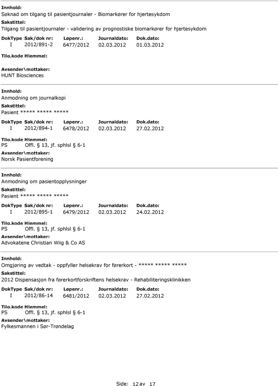 pasientopplysninger Pasient 2012/895-1 6479/2012 Advokatene Christian Wiig & Co AS 24.02.