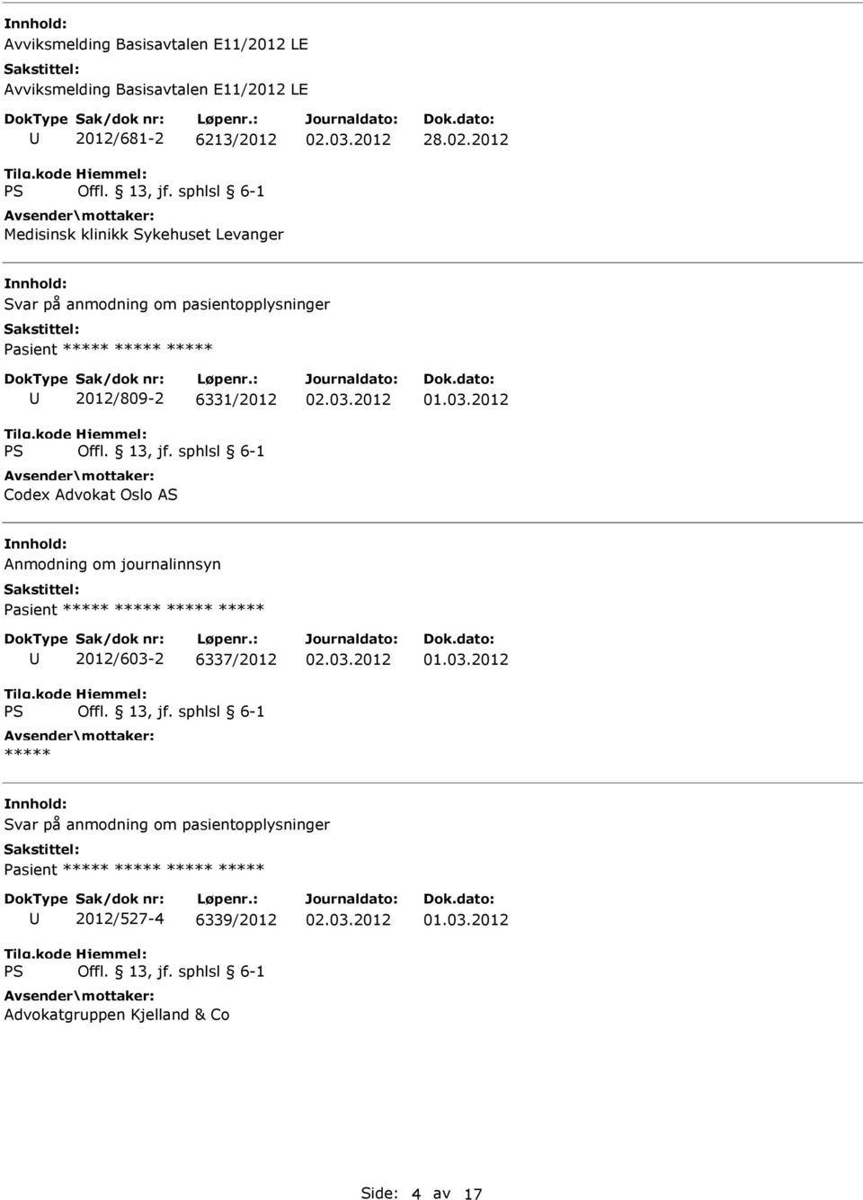 Pasient 2012/809-2 6331/2012 Codex Advokat Oslo AS Anmodning om journalinnsyn 2012/603-2