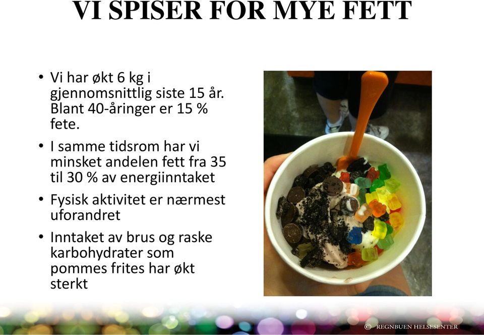 I samme tidsrom har vi minsket andelen fett fra 35 til 30 % av