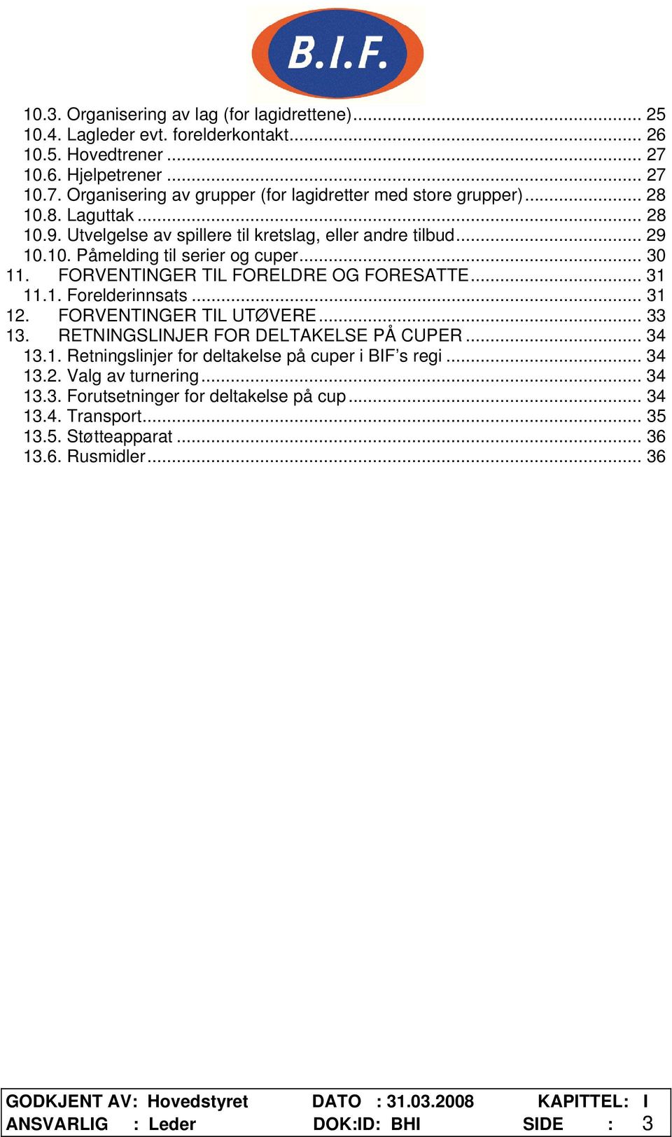 1. Forelderinnsats... 31 12. FORVENTINGER TIL UTØVERE... 33 13. RETNINGSLINJER FOR DELTAKELSE PÅ CUPER... 34 13.1. Retningslinjer for deltakelse på cuper i BIF s regi... 34 13.2. Valg av turnering.