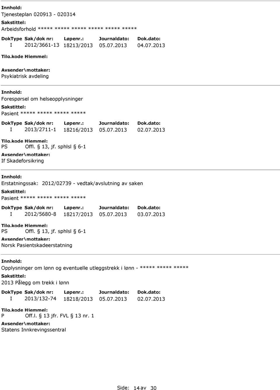 2013 Erstatningssak: 2012/02739 - vedtak/avslutning av saken 2012/5680-8 18217/2013 Norsk Pasientskadeerstatning Opplysninger om lønn