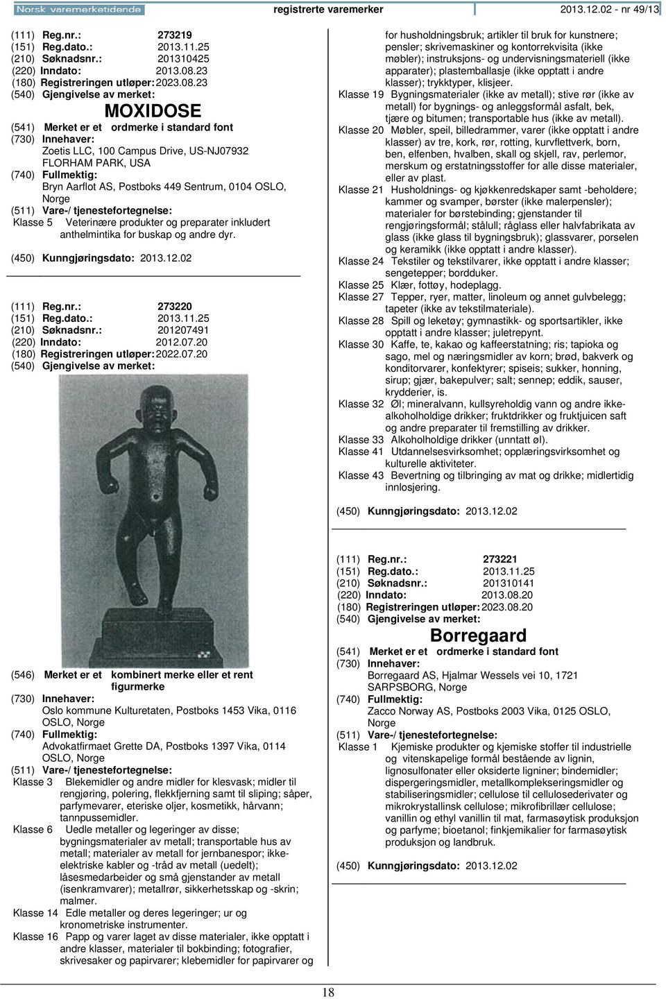 23 MOXIDOSE Zoetis LLC, 100 Campus Drive, US-NJ07932 FLORHAM PARK, USA Bryn Aarflot AS, Postboks 449 Sentrum, 0104 OSLO, Klasse 5 Veterinære produkter og preparater inkludert anthelmintika for buskap