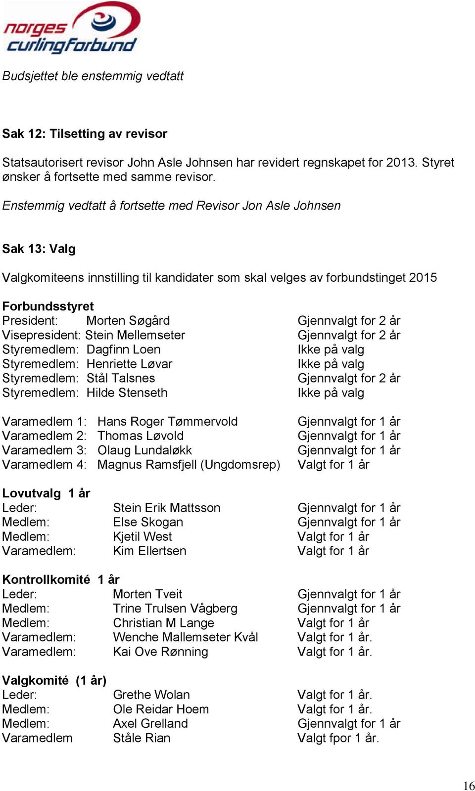 Gjennvalgt for 2 år Visepresident: Stein Mellemseter Gjennvalgt for 2 år Styremedlem: Dagfinn Loen Ikke på valg Styremedlem: Henriette Løvar Ikke på valg Styremedlem: Stål Talsnes Gjennvalgt for 2 år