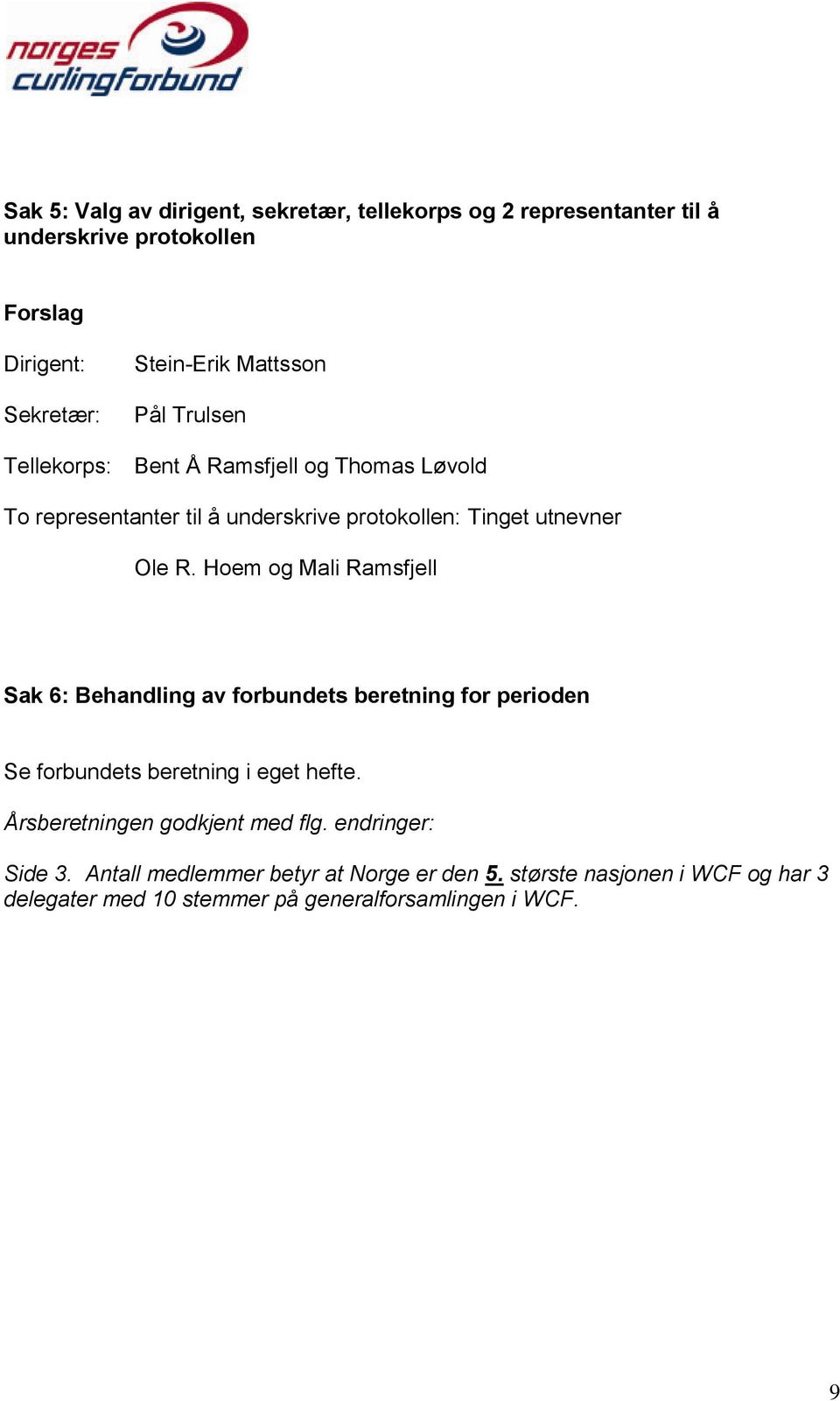 Hoem og Mali Ramsfjell Sak 6: Behandling av forbundets beretning for perioden Se forbundets beretning i eget hefte.