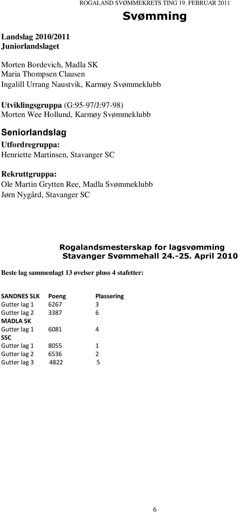 Svømmeklubb Jørn Nygård, Stavanger SC Rogalandsmesterskap for lagsvømming Stavanger Svømmehall 24.-25.