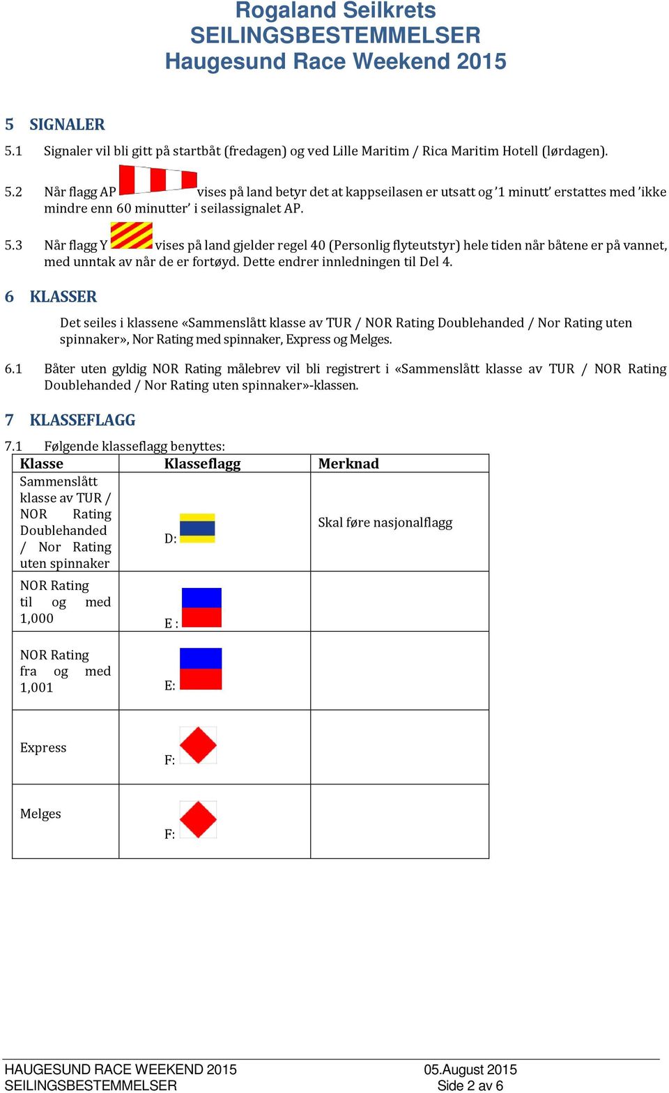 6 KLASSER Det seiles i klassene «Sammenslått klasse av TUR / NOR Rating Doublehanded / Nor Rating uten spinnaker», Nor Rating med spinnaker, Express og Melges. 6.