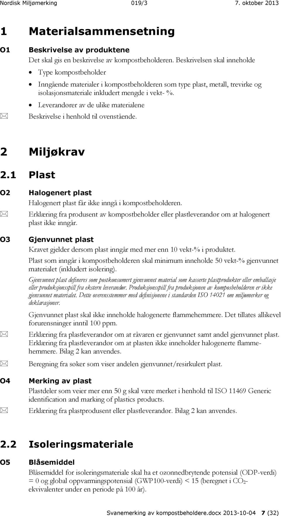 Leverandører av de ulike materialene Beskrivelse i henhold til ovenstående. 2 Miljøkrav 2.1 Plast O2 O3 O4 Halogenert plast Halogenert plast får ikke inngå i kompostbeholderen.