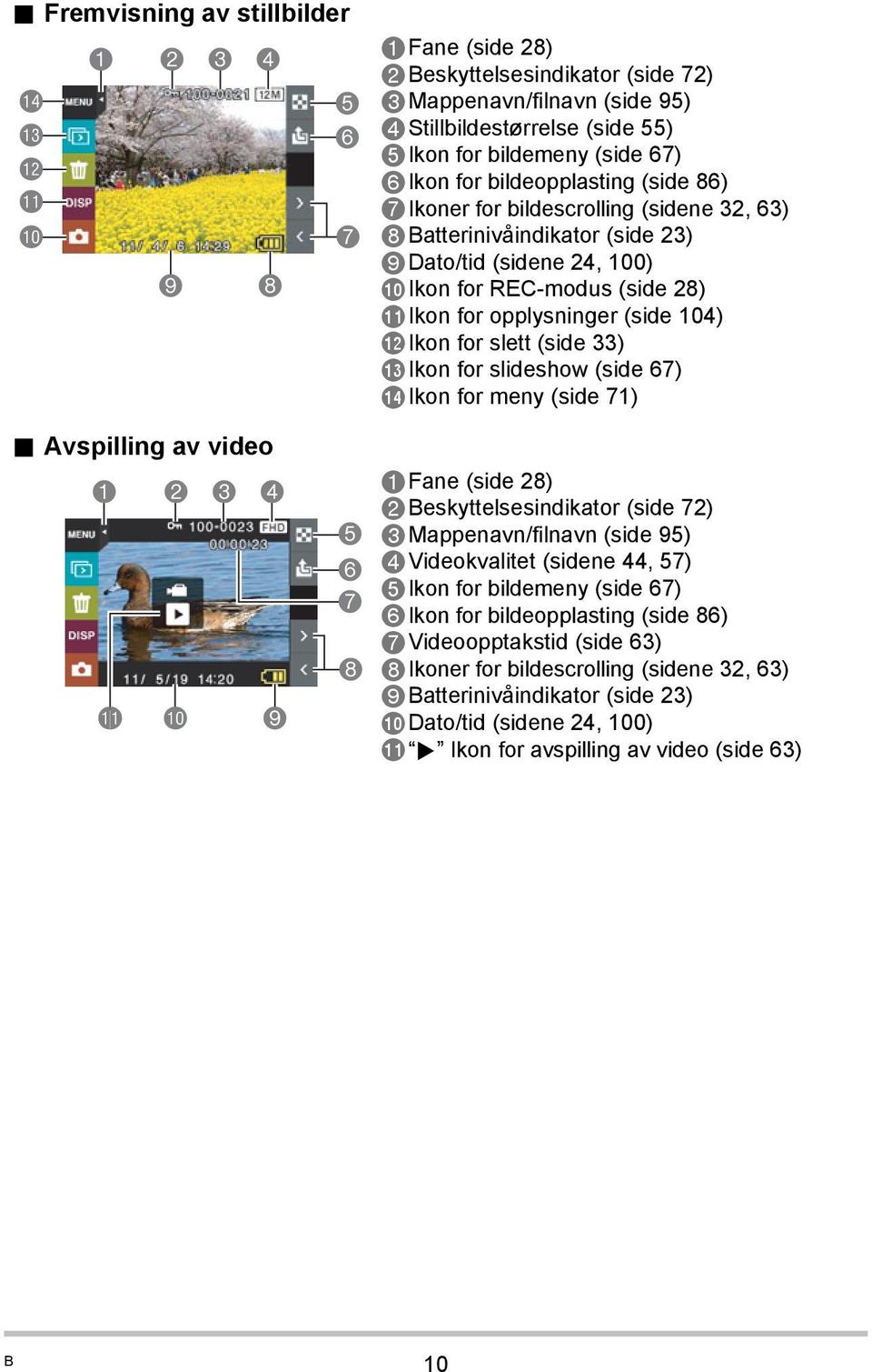 6Ikon for bildeopplasting (side 86) 7Ikoner for bildescrolling (sidene 32, 63) 8Batterinivåindikator (side 23) 9Dato/tid (sidene 24, 100) bkikon for REC-modus (side 28) blikon for opplysninger (side