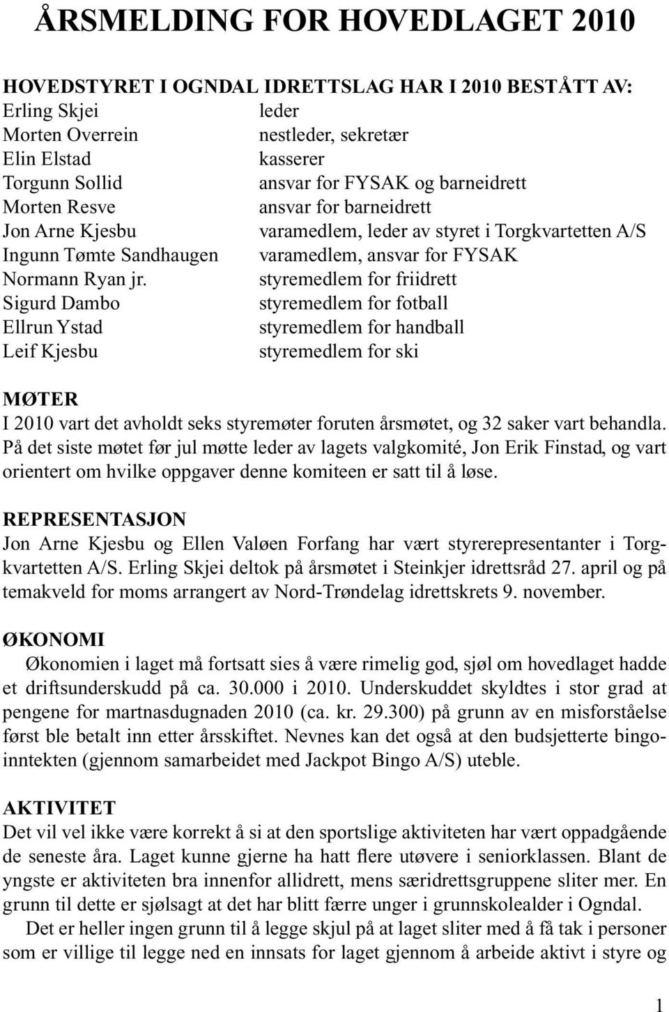 styremedlem for friidrett Sigurd Dambo styremedlem for fotball Ellrun Ystad styremedlem for handball Leif Kjesbu styremedlem for ski Møter I 2010 vart det avholdt seks styremøter foruten årsmøtet, og