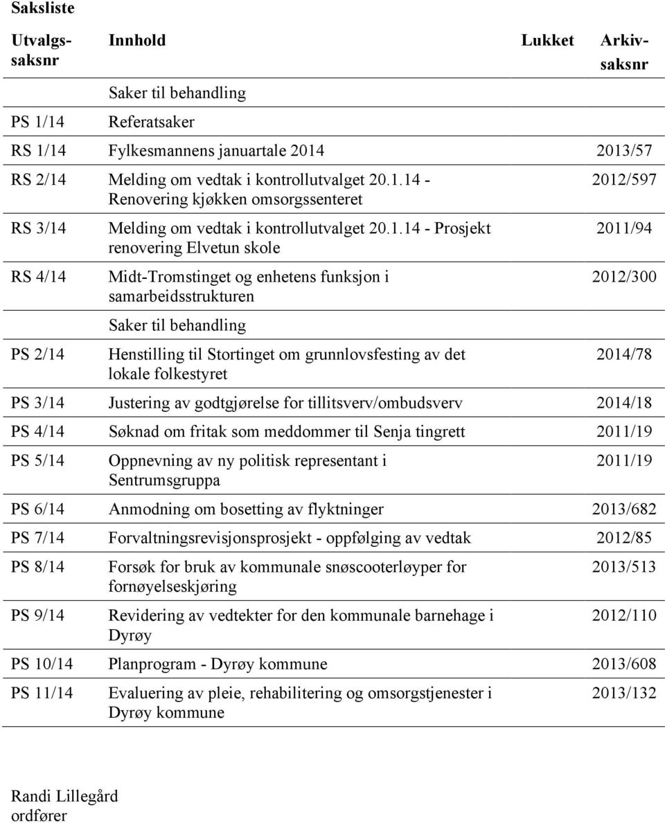 2012/597 2011/94 2012/300 2014/78 PS 3/14 Justering av godtgjørelse for tillitsverv/ombudsverv 2014/18 PS 4/14 Søknad om fritak som meddommer til Senja tingrett 2011/19 PS 5/14 Oppnevning av ny