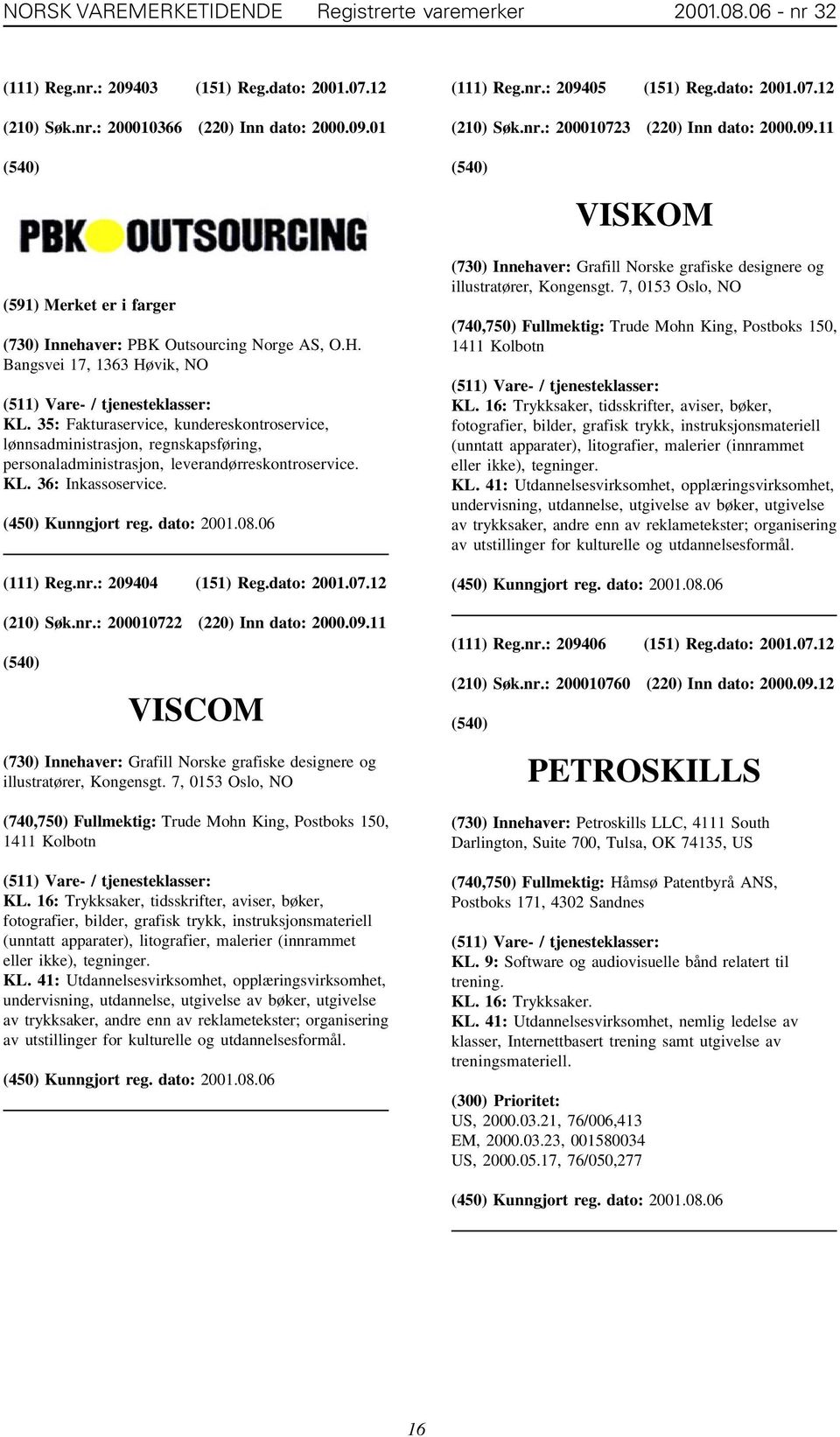 35: Fakturaservice, kundereskontroservice, lønnsadministrasjon, regnskapsføring, personaladministrasjon, leverandørreskontroservice. KL. 36: Inkassoservice. (111) Reg.nr.: 209404 (151) Reg.dato: 2001.