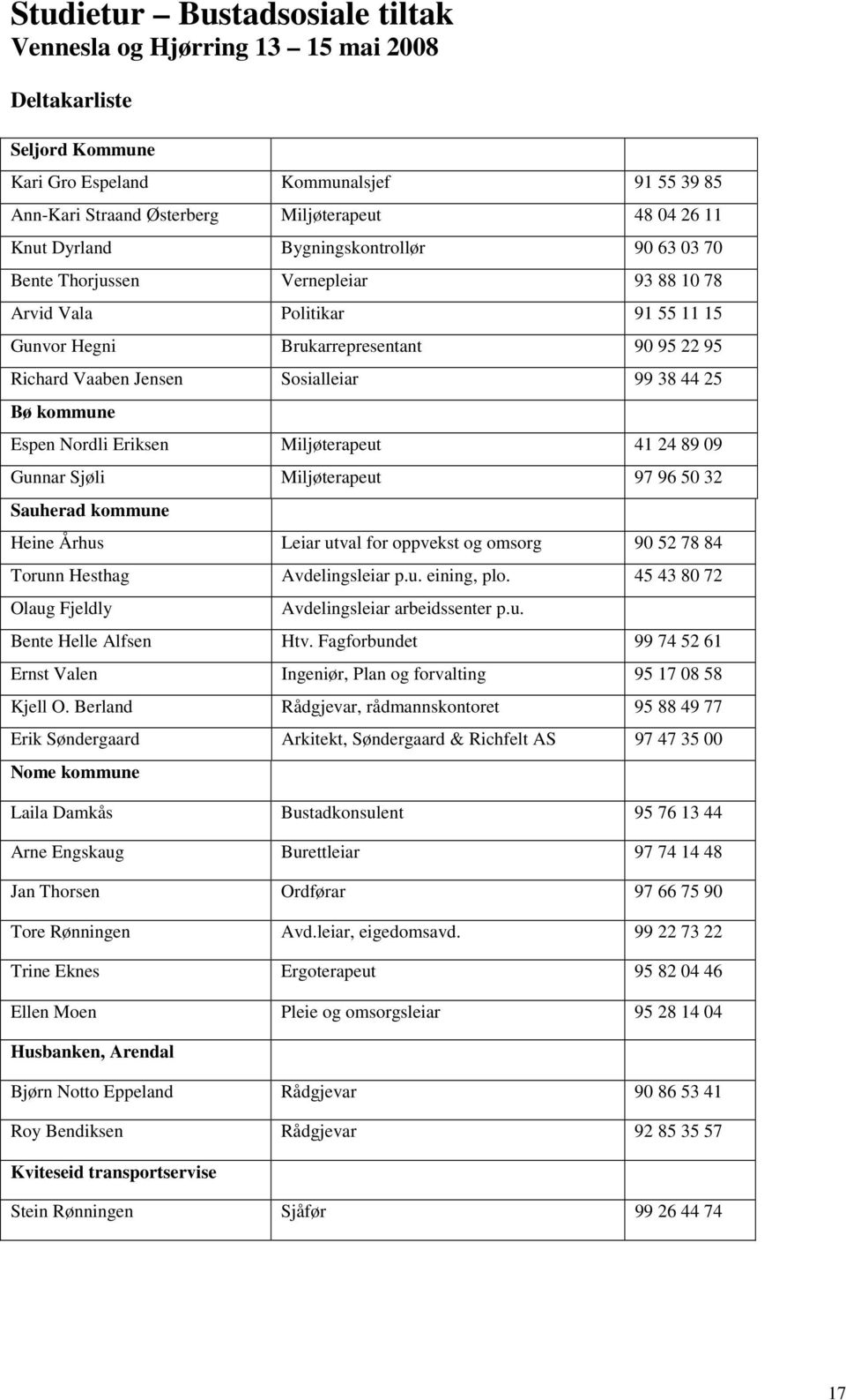 25 Bø kommune Espen Nordli Eriksen Miljøterapeut 41 24 89 09 Gunnar Sjøli Miljøterapeut 97 96 50 32 Sauherad kommune Heine Århus Leiar utval for oppvekst og omsorg 90 52 78 84 Torunn Hesthag