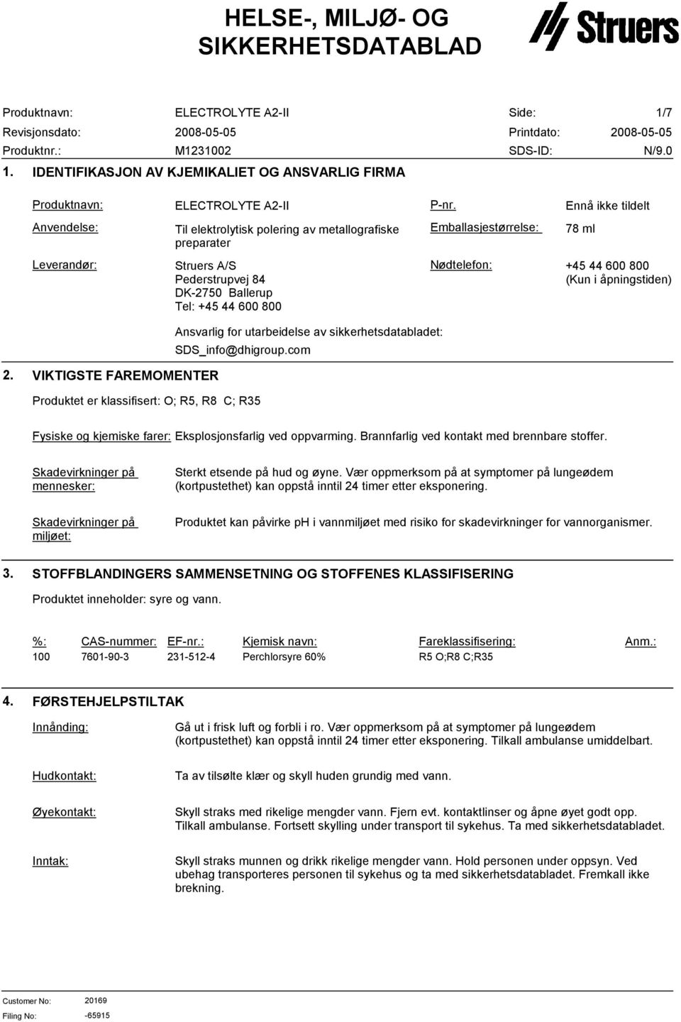 Nødtelefon: +45 44 600 800 (Kun i åpningstiden) Ansvarlig for utarbeidelse av sikkerhetsdatabladet: SDS_info@dhigroup.com 2.