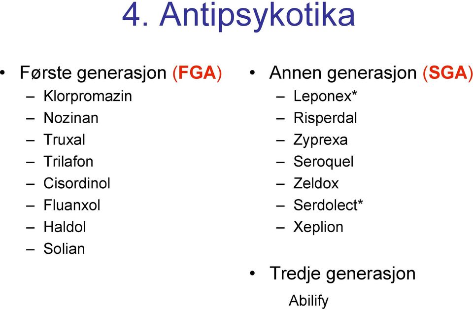 Solian Annen generasjon (SGA) Leponex* Risperdal