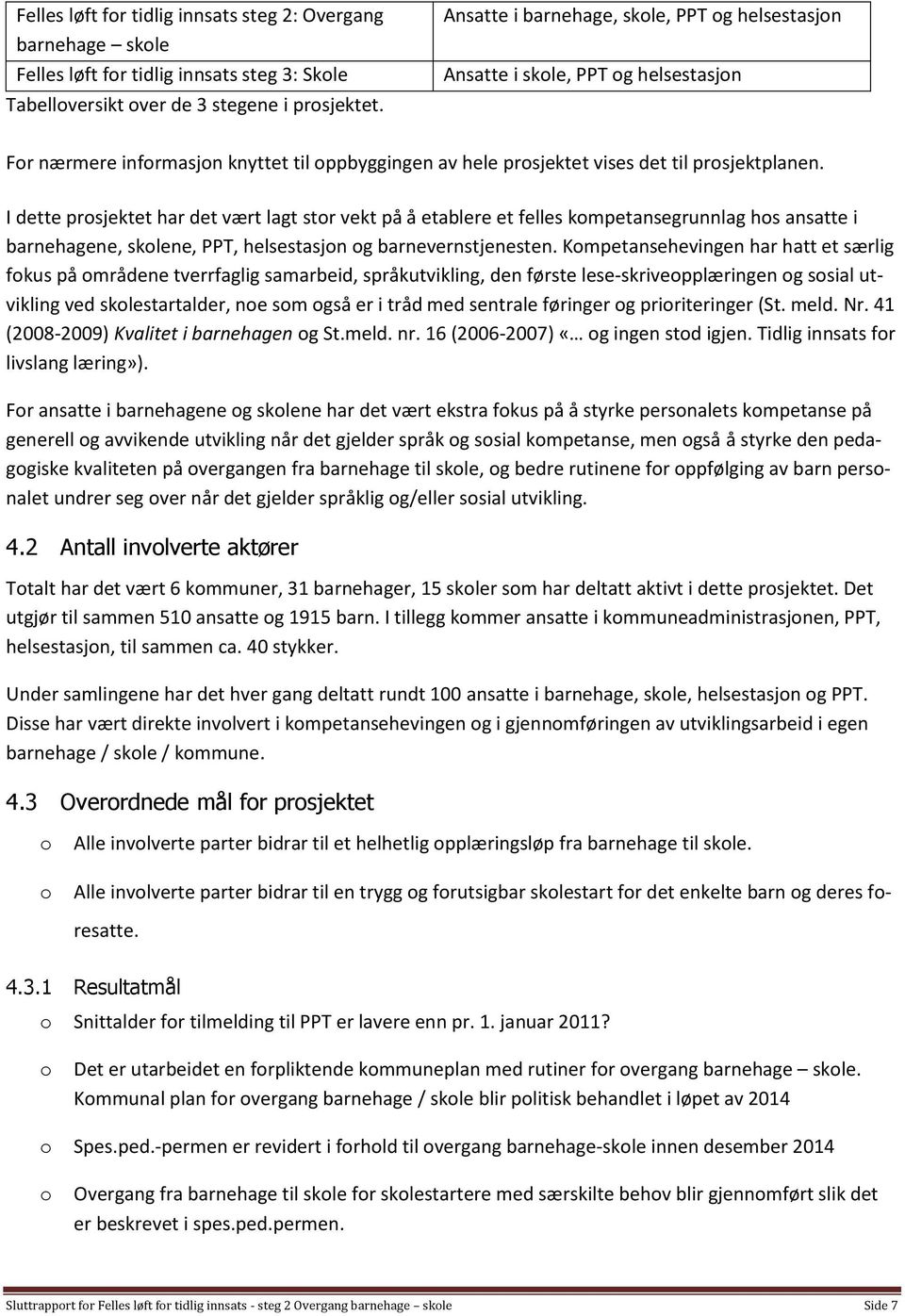 I dette prsjektet har det vært lagt str vekt på å etablere et felles kmpetansegrunnlag hs ansatte i barnehagene, sklene, PPT, helsestasjn g barnevernstjenesten.