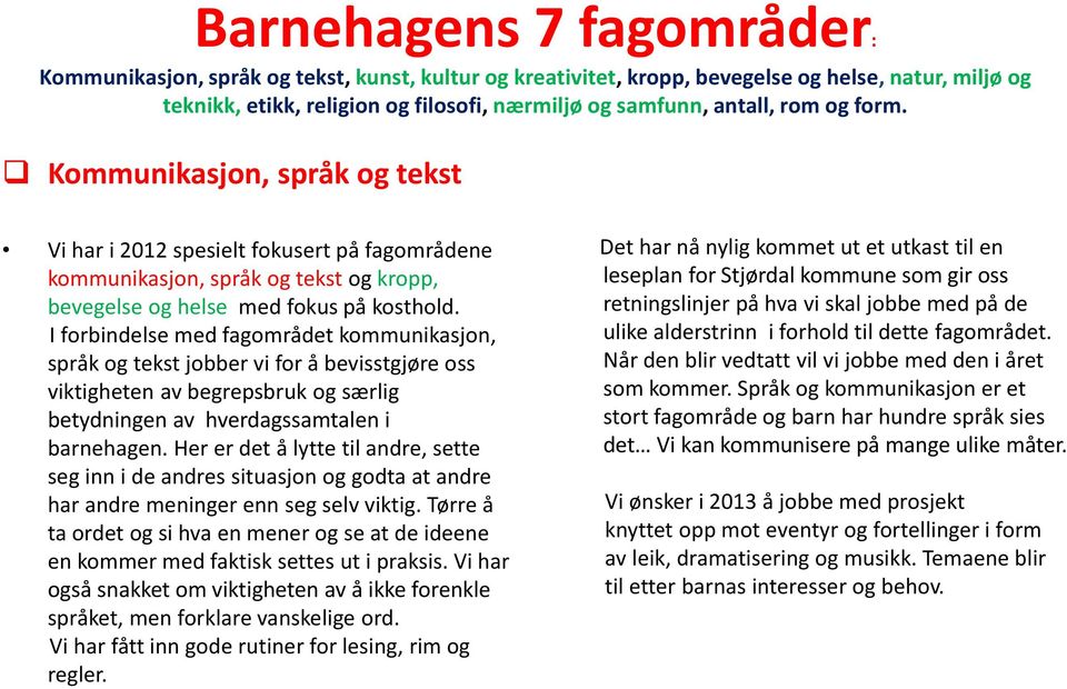 I forbindelse med fagområdet kommunikasjon, språk og tekst jobber vi for å bevisstgjøre oss viktigheten av begrepsbruk og særlig betydningen av hverdagssamtalen i barnehagen.