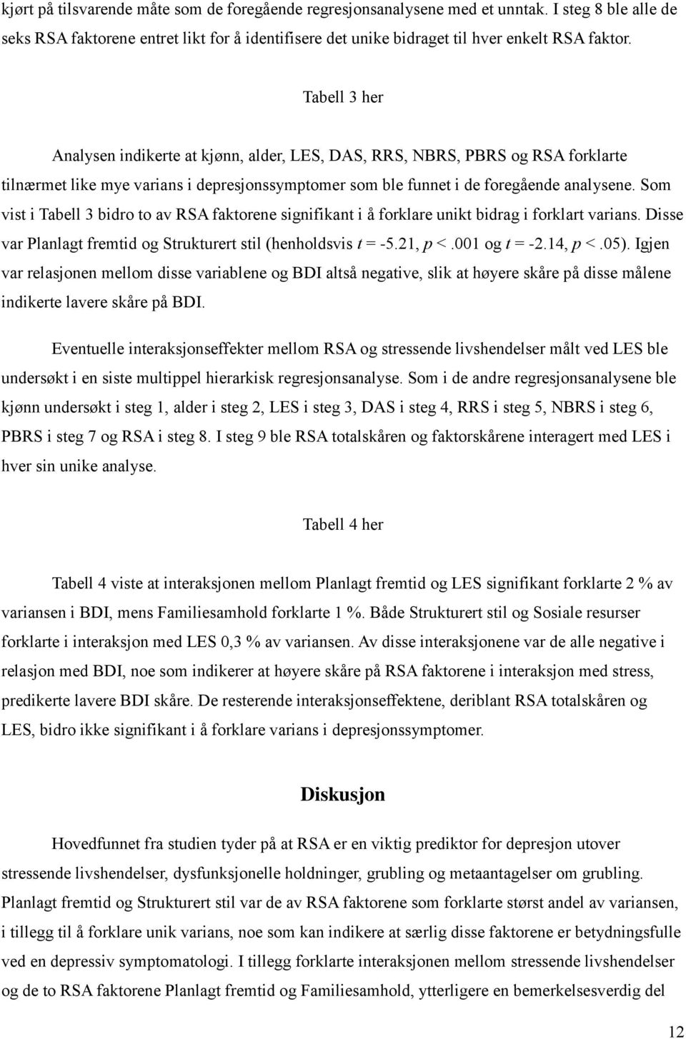 Som vist i Tabell 3 bidro to av RSA faktorene signifikant i å forklare unikt bidrag i forklart varians. Disse var Planlagt fremtid og Strukturert stil (henholdsvis t = -5.21, p <.001 og t = -2.