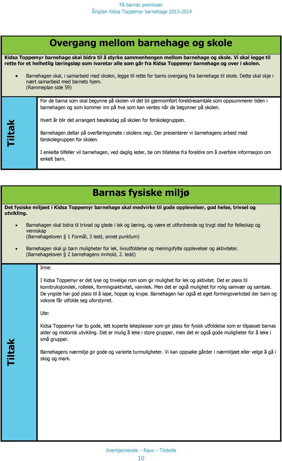 Barnehagen skal, i samarbeid med skolen, legge til rette for barns overgang fra barnehage til skole. Dette skal skje i nært samarbeid med barnets hjem.