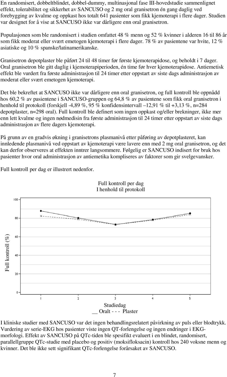 Populasjonen som ble randomisert i studien omfattet 48 % menn og 52 % kvinner i alderen 16 til 86 år som fikk moderat eller svært emetogen kjemoterapi i flere dager.