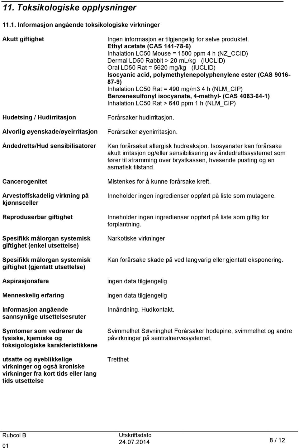 utsettelse) Aspirasjonsfare Menneskelig erfaring Informasjon angående sannsynlige utsettelsesruter Symtomer som vedrører de fysiske, kjemiske og toksigologiske karakteristikkene utsatte og