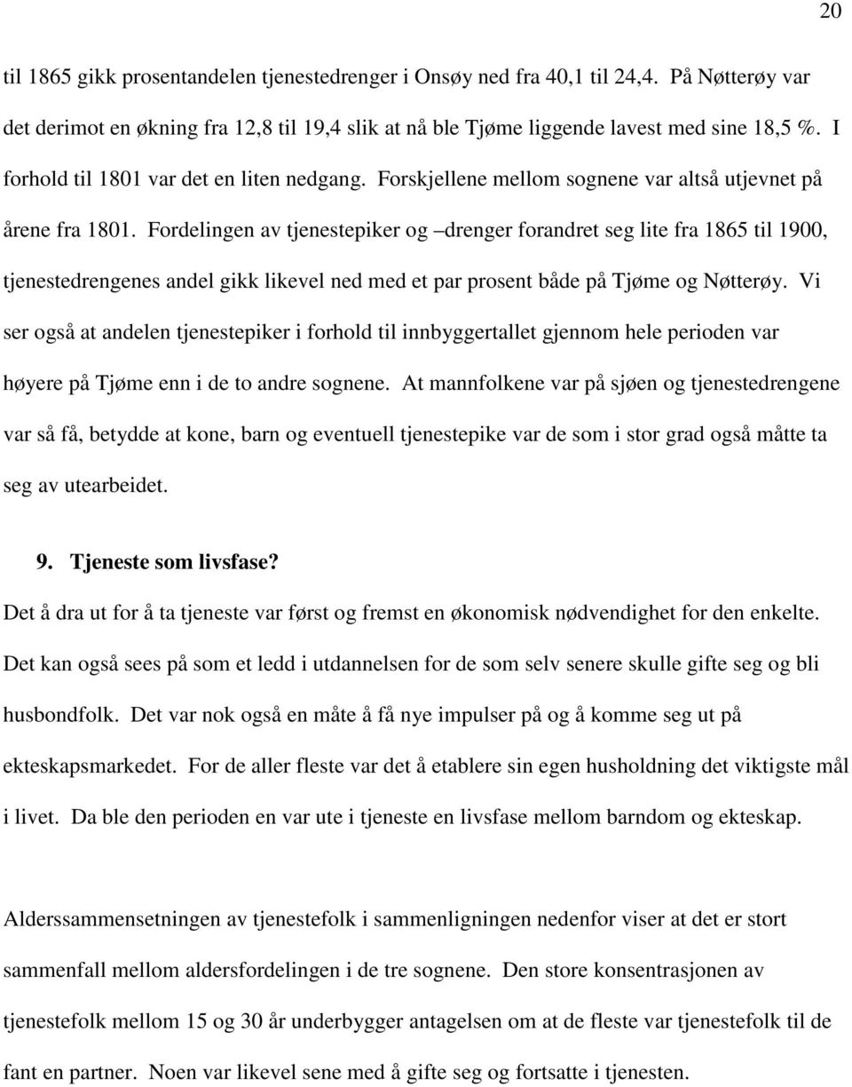 Fordelingen av tjenestepiker og drenger forandret seg lite fra 1865 til 1900, tjenestedrengenes andel gikk likevel ned med et par prosent både på Tjøme og Nøtterøy.