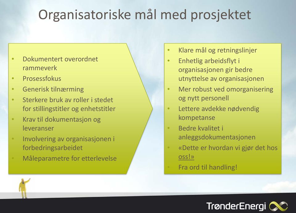 etterlevelse Klare mål og retningslinjer Enhetlig arbeidsflyt i organisasjonen gir bedre utnyttelse av organisasjonen Mer robust ved