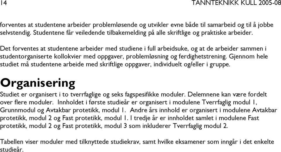 Gjennom hele studiet må studentene arbeide med skriftlige oppgaver, individuelt og/eller i gruppe. Organisering Studiet er organisert i to tverrfaglige og seks fagspesifikke moduler.