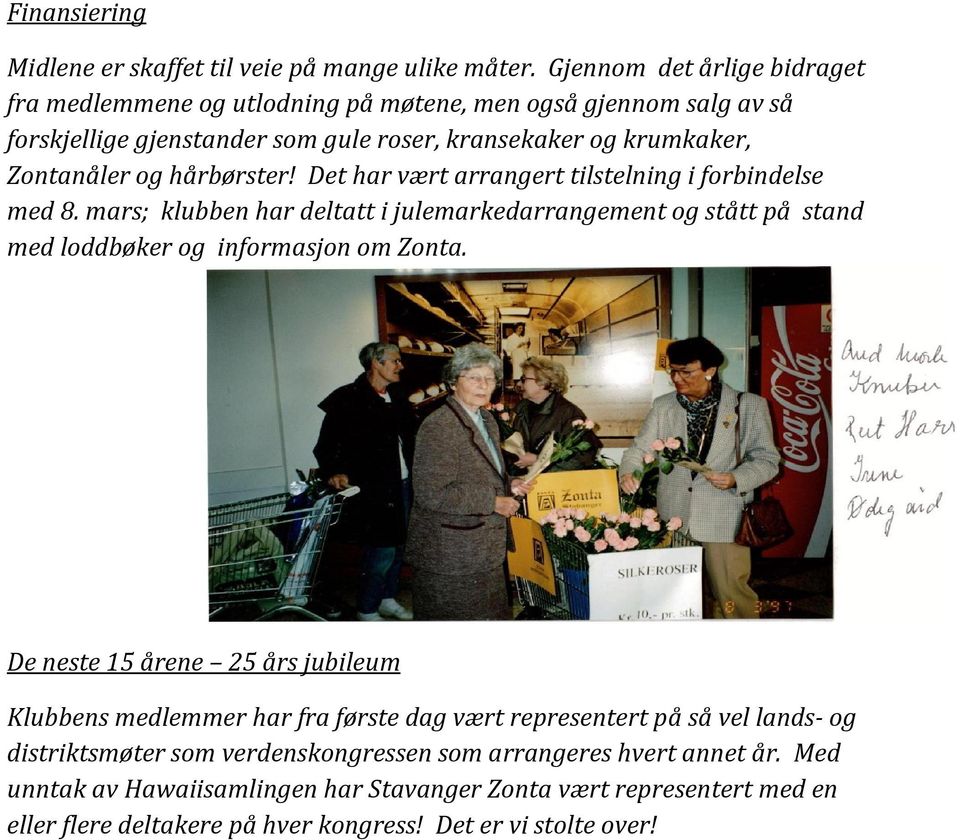 hårbørster! Det har vært arrangert tilstelning i forbindelse med 8. mars; klubben har deltatt i julemarkedarrangement og stått på stand med loddbøker og informasjon om Zonta.