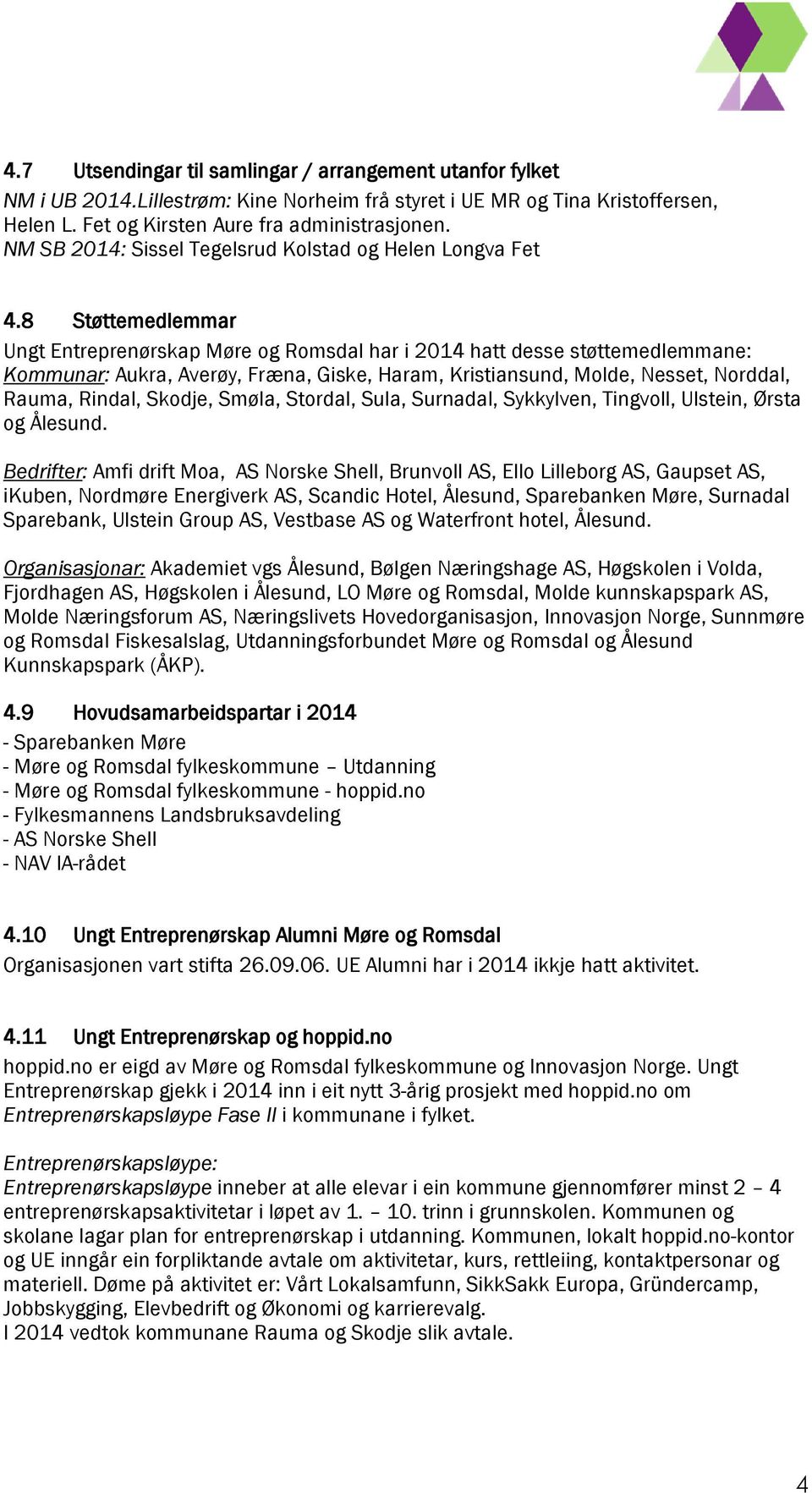 8 Støttemedlemmar Ungt Entreprenørskap Møre og Romsdal har i 2014 hatt desse støttemedlemmane: Kommunar: Aukra, Averøy, Fræna, Giske, Haram, Kristiansund, Molde, Nesset, Norddal, Rauma, Rindal,