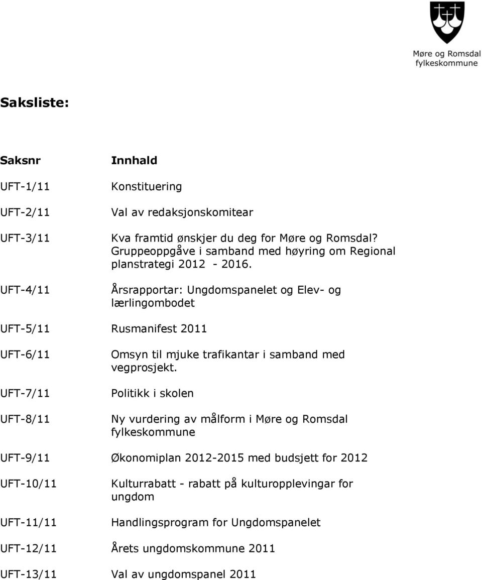 Årsrapportar: Ungdomspanelet og Elev- og lærlingombodet UFT-5/11 Rusmanifest 2011 UFT-6/11 UFT-7/11 UFT-8/11 Omsyn til mjuke trafikantar i samband med vegprosjekt.