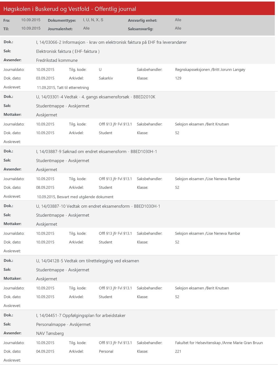 dato: Arkivdel: Student I, 14/03887-9 Søknad om endret eksamensform - BBED1030H-1 Studentmappe - Seksjon eksamen /Lise Neneva Rambø Dok. dato: 08.09.