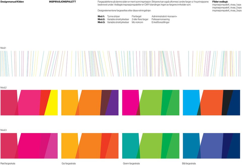 Designelementene fargesettes etter disse retningslinjer: Filder vedlagt: inspriasjonspalett_nivaa_1.eps inspirasjonspalett_nivaa_2.eps inspirasjonspalett_nivaa_3.