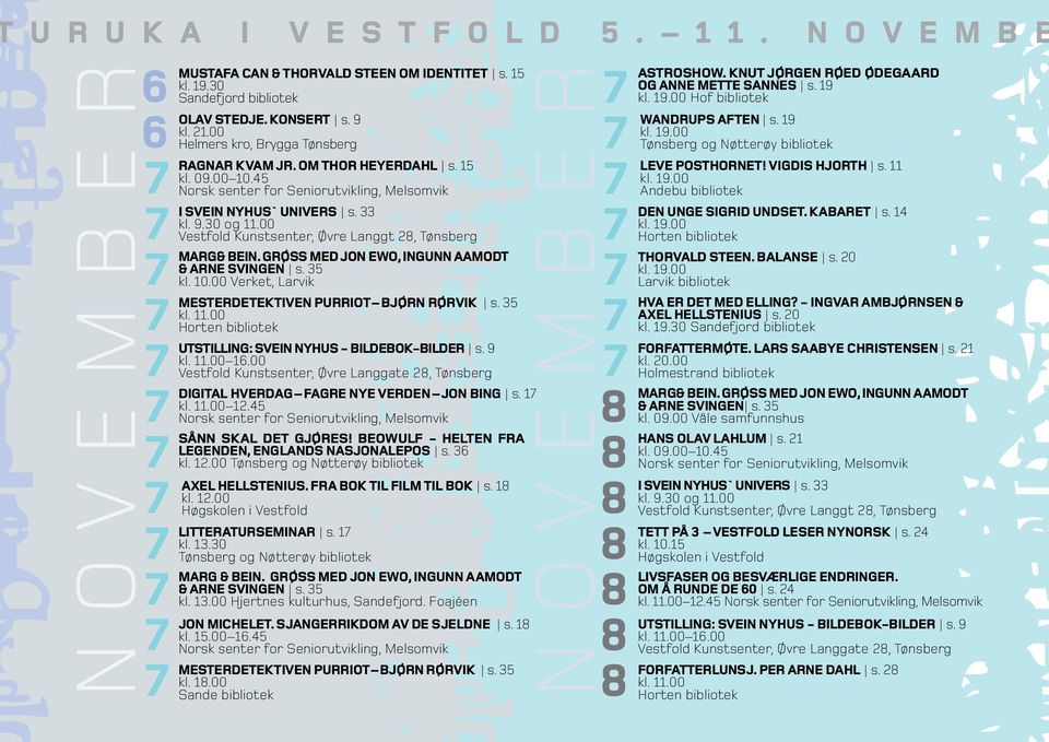 00 Vestfold Kunstsenter, Øvre Langgt 28, Tønsberg Marg& Bein. Grøss med Jon Ewo, Ingunn Aamodt & Arne Svingen s. 35 kl. 10.00 Verket, Larvik Mesterdetektiven Purriot Bjørn Rørvik s. 35 kl. 11.