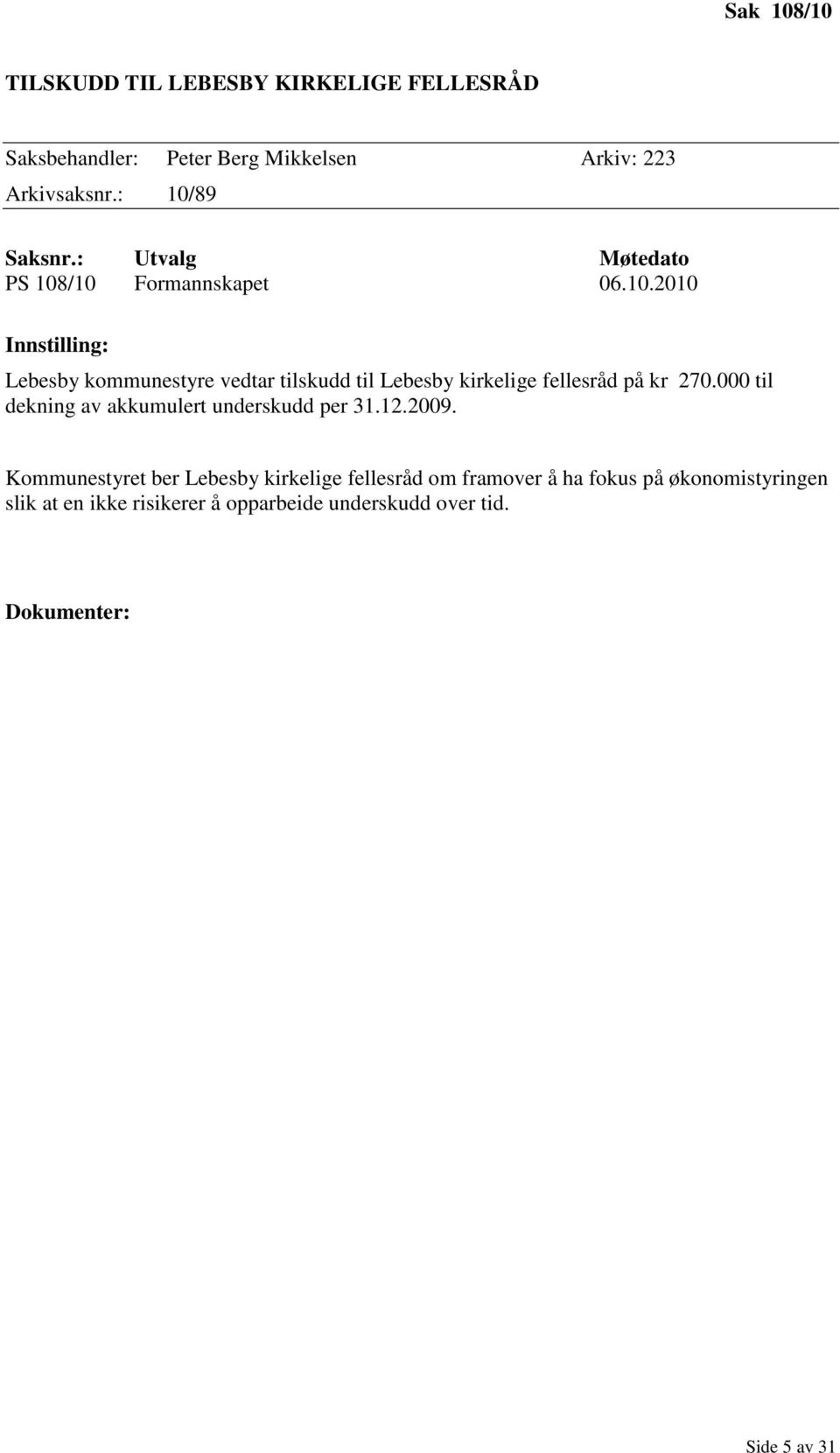 000 til dekning av akkumulert underskudd per 31.12.2009.