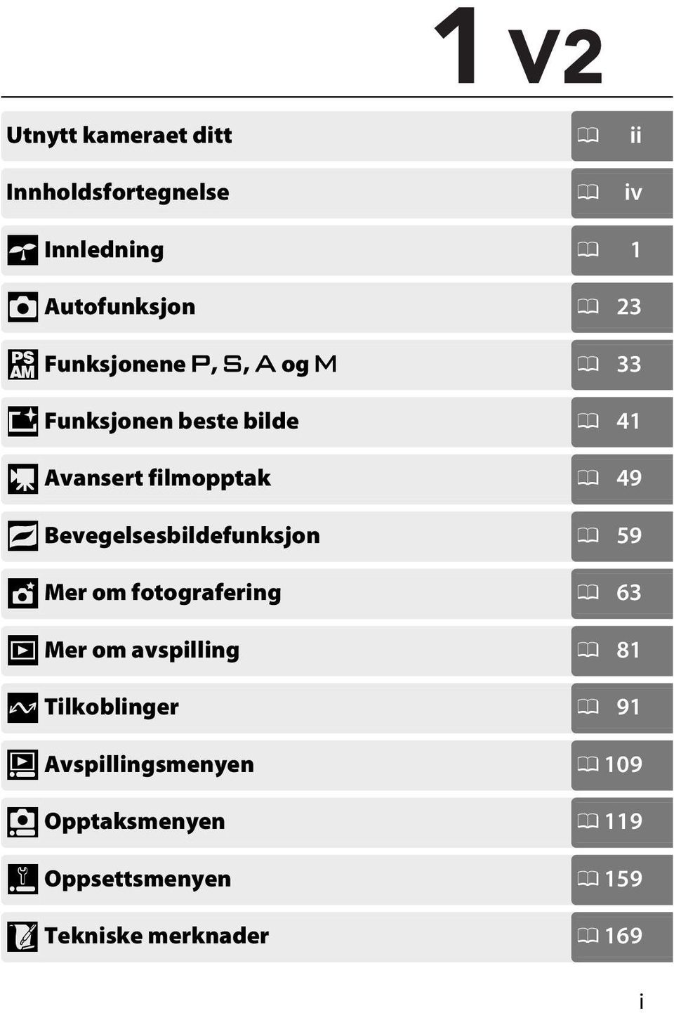 Bevegelsesbildefunksjon 0 59 t Mer om fotografering 0 63 I Mer om avspilling 0 81 Q