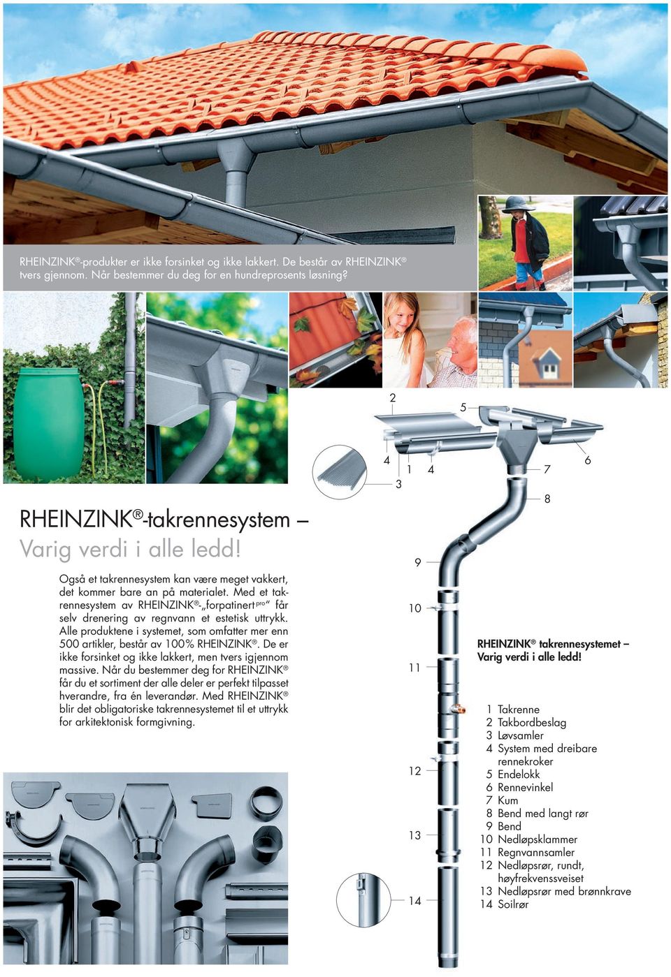 Alle produktene i systemet, som omfatter mer enn 500 artikler, består av 100 % RHEINZINK. De er ikke forsinket og ikke lakkert, men tvers igjennom massive.