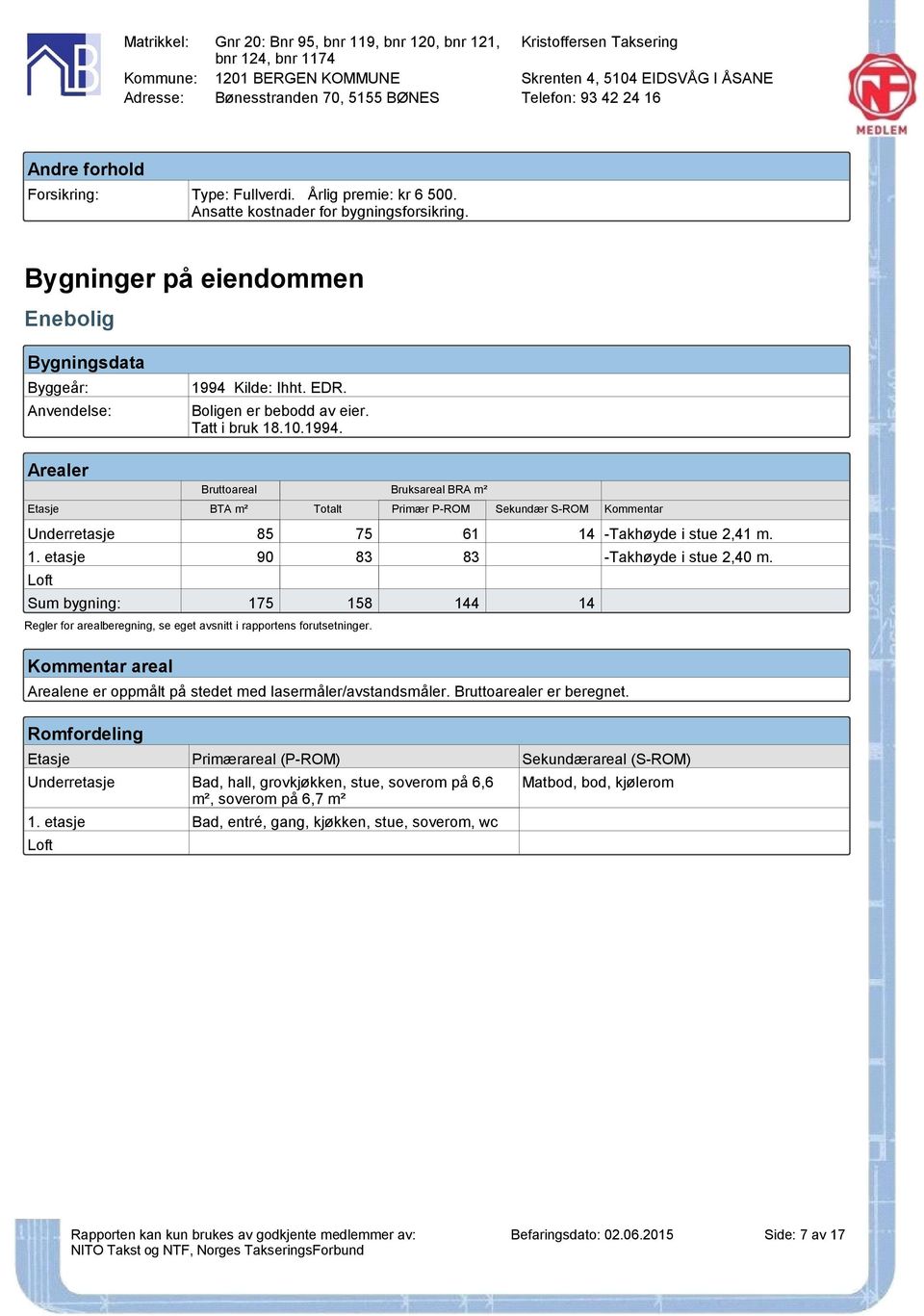 Arealer Bruttoareal Etasje BTA m² Bruksareal BRA m² Totalt Primær P-ROM Sekundær S-ROM Kommentar Underretasje 85 75 61 14 -Takhøyde i stue 2,41 m. 1. etasje 90 83 83 -Takhøyde i stue 2,40 m.