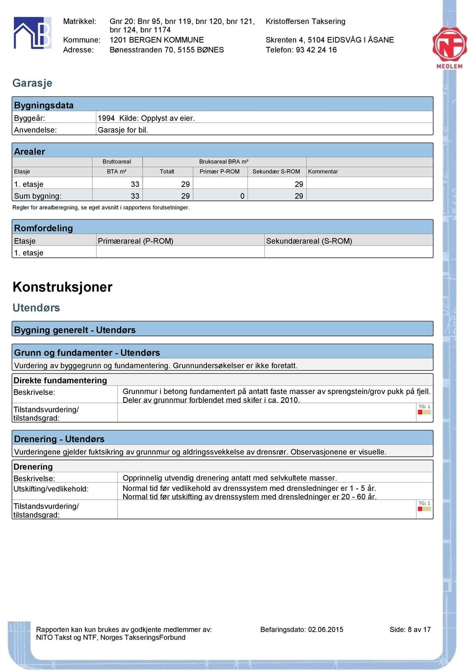 Romfordeling Etasje Primærareal (P-ROM) Sekundærareal (S-ROM) 1. etasje Konstruksjoner Utendørs Bygning generelt - Utendørs Grunn og fundamenter - Utendørs Vurdering av byggegrunn og fundamentering.