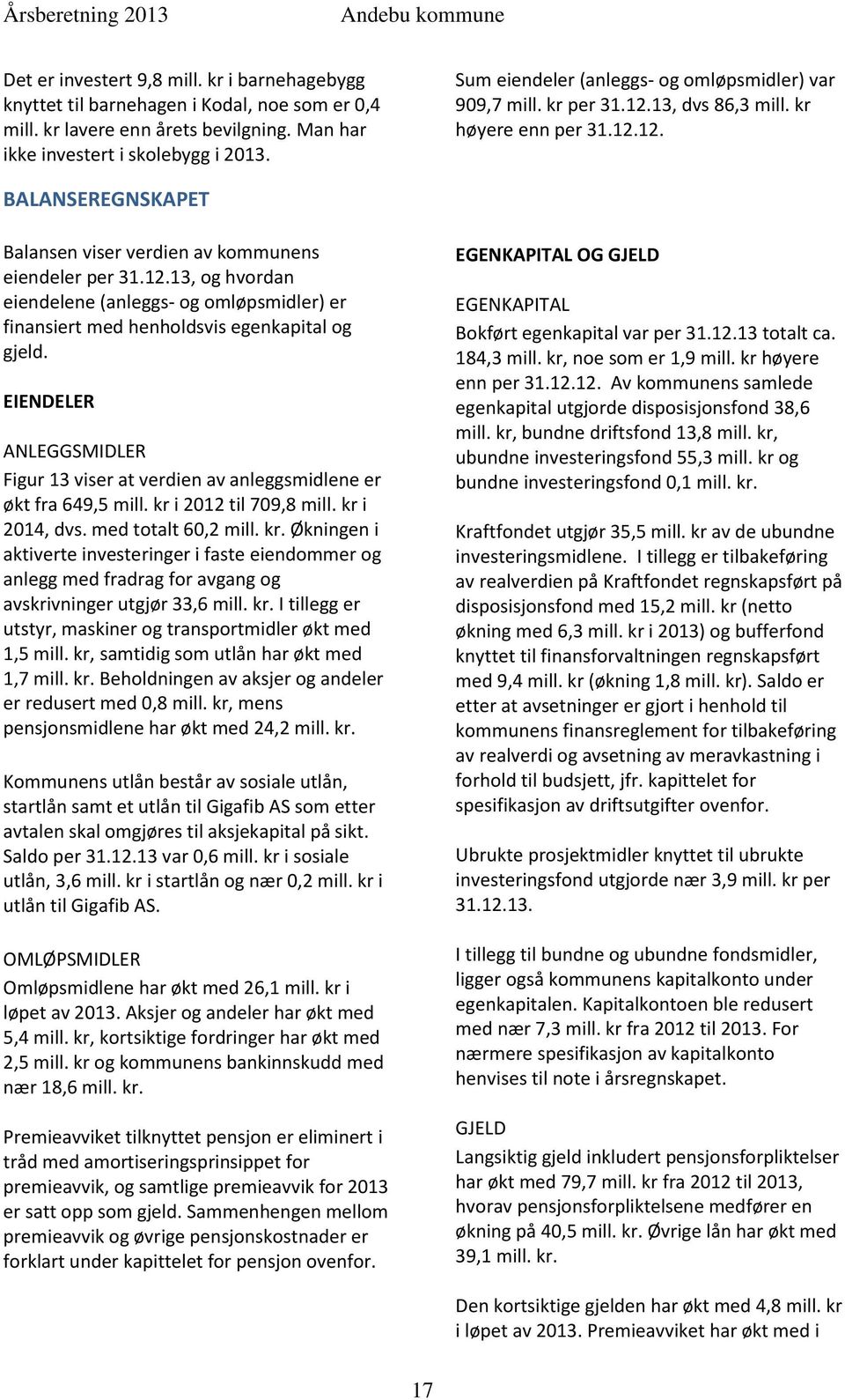 EIENDELER ANLEGGSMIDLER Figur 13 viser at verdien av anleggsmidlene er økt fra 649,5 mill. kr 