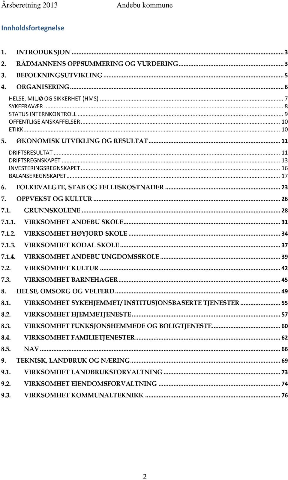 .. 16 BALANSEREGNSKAPET... 17 6. FOLKEVALGTE, STAB OG FELLESKOSTNADER... 23 7. OPPVEKST OG KULTUR... 26 7.1. GRUNNSKOLENE... 28 7.1.1. VIRKSOMHET ANDEBU SKOLE... 31 7.1.2. VIRKSOMHET HØYJORD SKOLE.