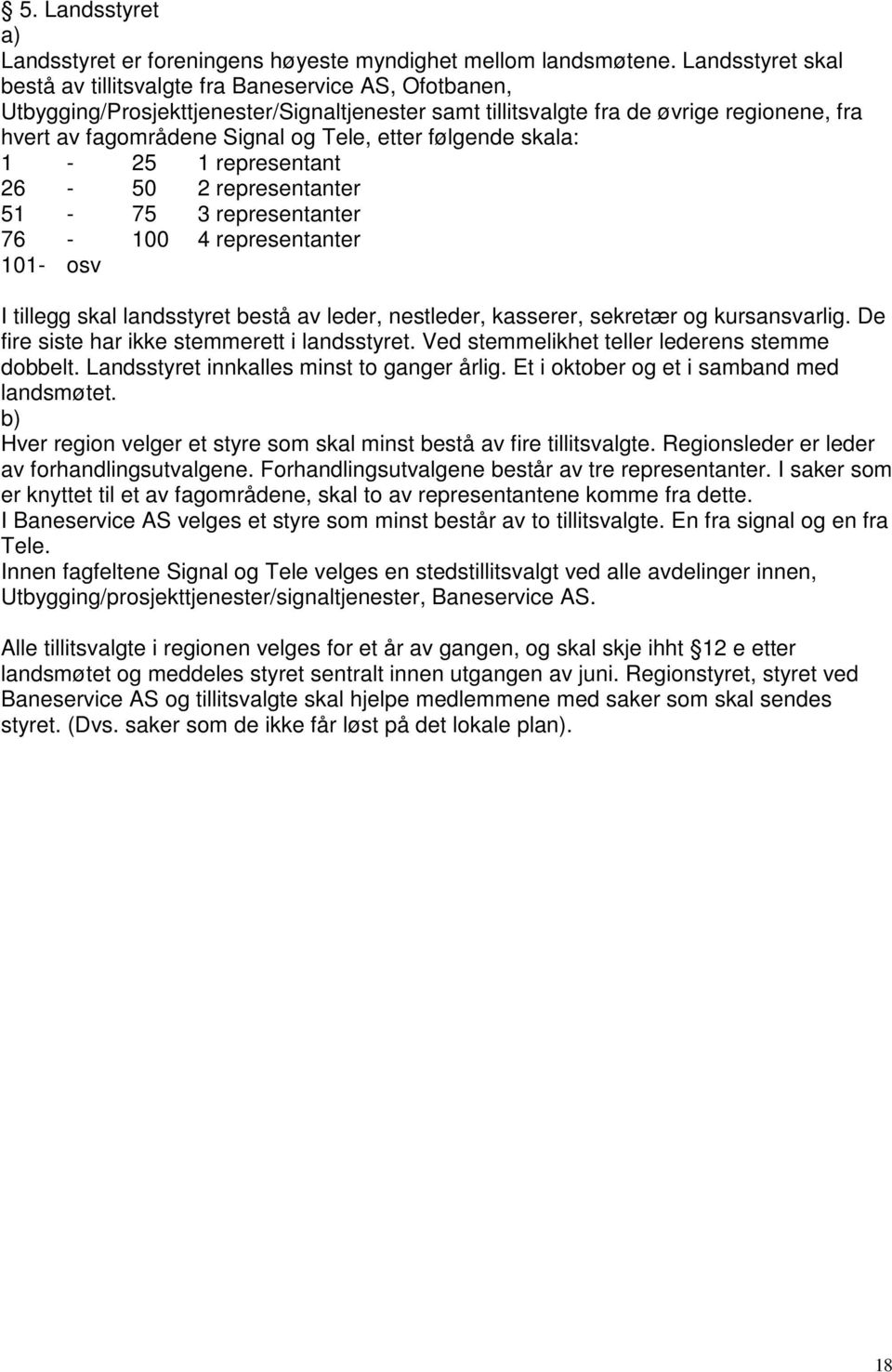 etter følgende skala: 1-25 1 representant 26-50 2 representanter 51-75 3 representanter 76-100 4 representanter 101- osv I tillegg skal landsstyret bestå av leder, nestleder, kasserer, sekretær og